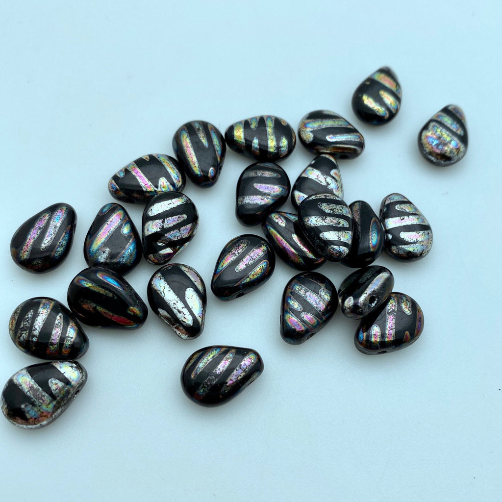 Fire Polished Black Peacock Teardrop Czech Glass Spike Beads (10x13mm) (SCG140)