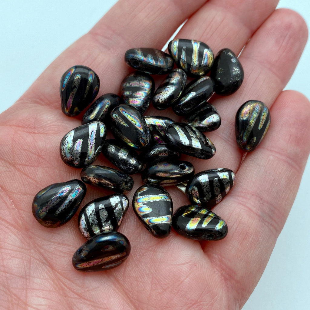 Fire Polished Black Peacock Teardrop Czech Glass Spike Beads (10x13mm) (SCG140)