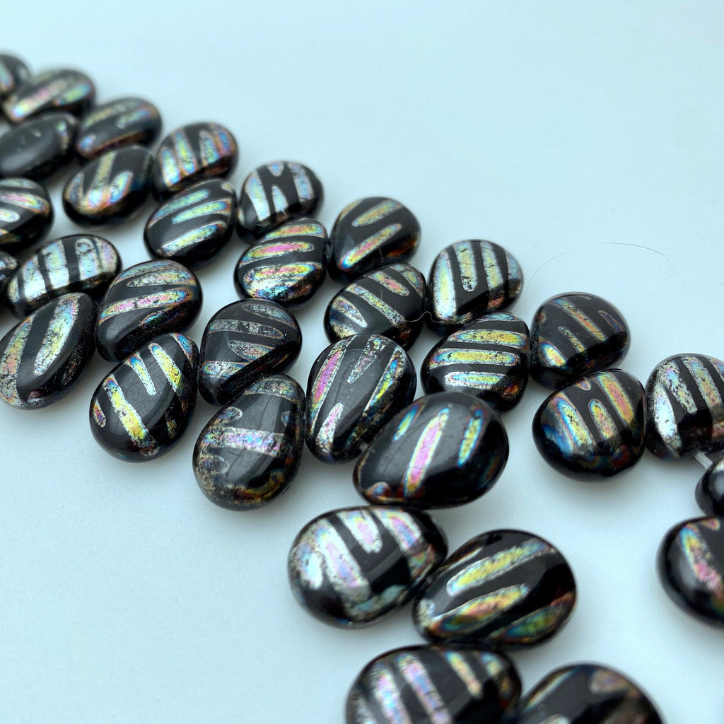 Fire Polished Black Peacock Teardrop Czech Glass Spike Beads (10x13mm) (SCG140)