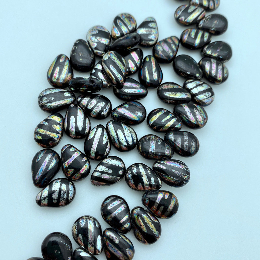 Fire Polished Black Peacock Teardrop Czech Glass Spike Beads (10x13mm) (SCG140)