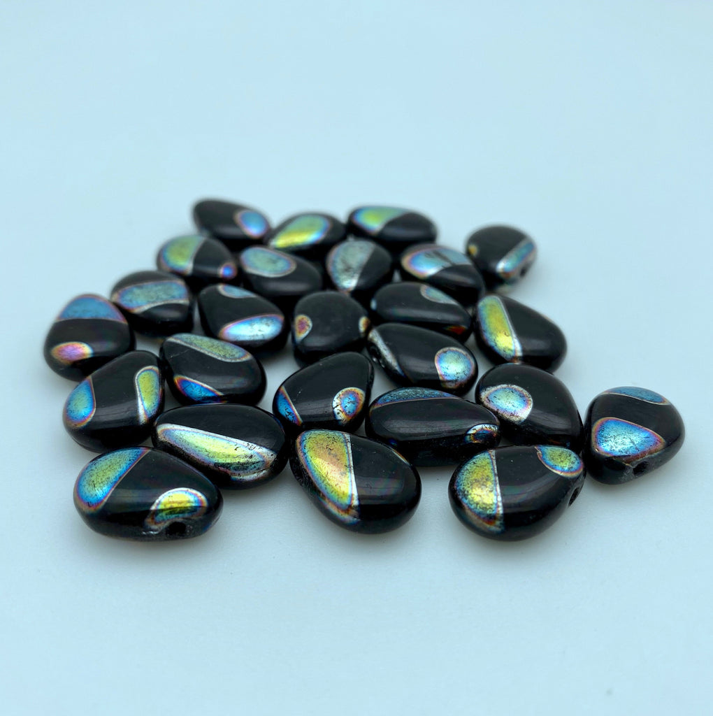 Fire Polished Black Peacock Teardrop Czech Glass Spike Beads (10x13mm) (SCG142)