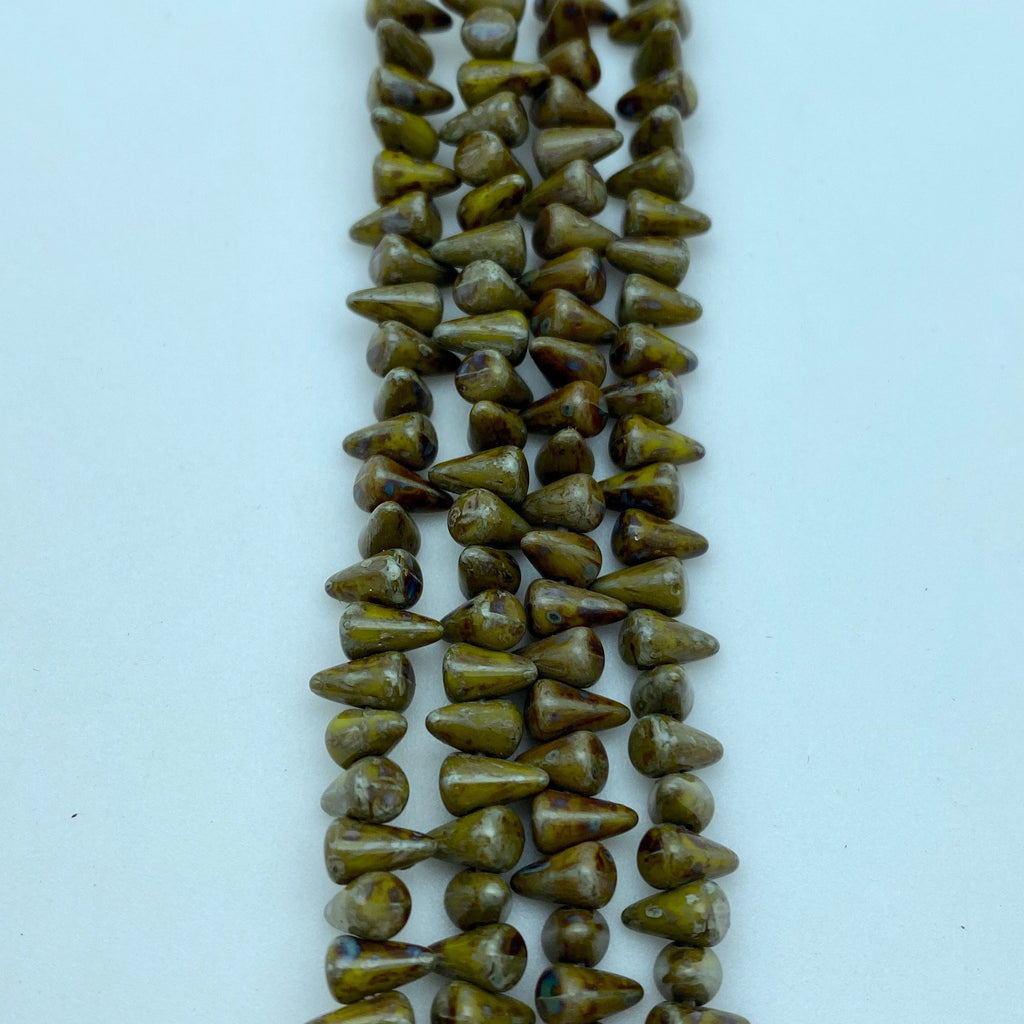 Olive Green Picasso Czech Glass Spike Beads (4x7mm) (SCG158)
