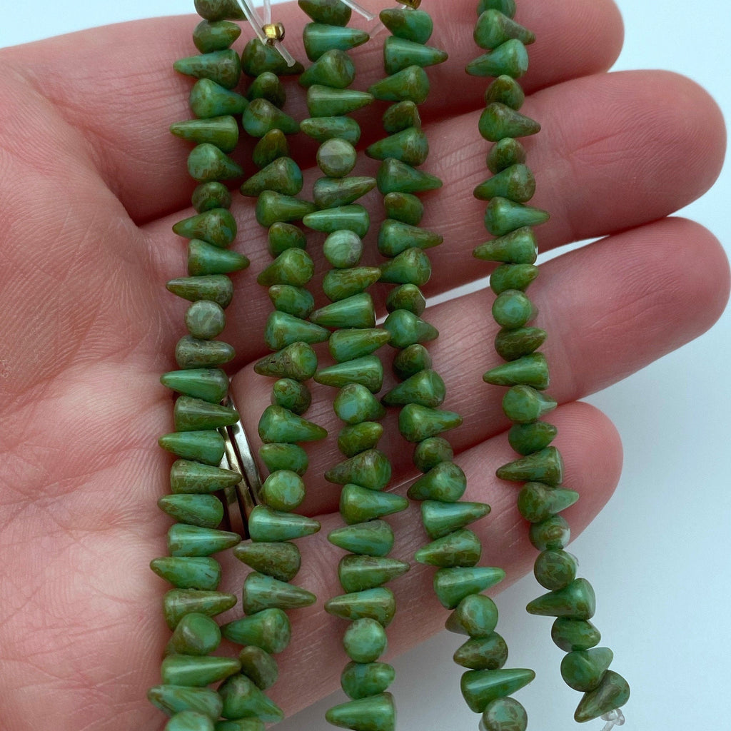 Fern Green Picasso Czech Glass Spike Beads (4x7mm) (SCG159)