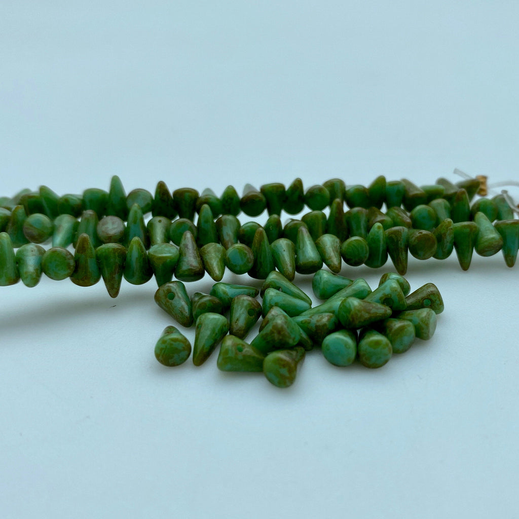 Fern Green Picasso Czech Glass Spike Beads (4x7mm) (SCG159)