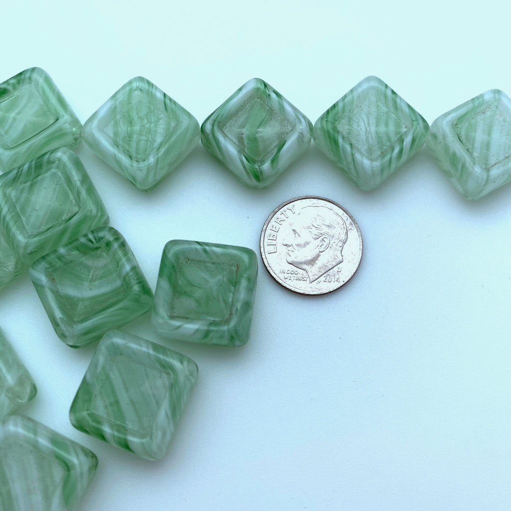 Vintage Diamond Shaped Marbled Green & White West German Beads (20mm) (GGG8)