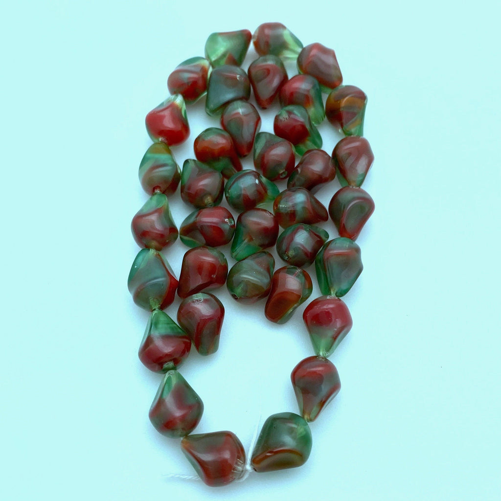 Vintage Red & Green Twisted Teardrop West German Beads (8x12mm) (GGG14)