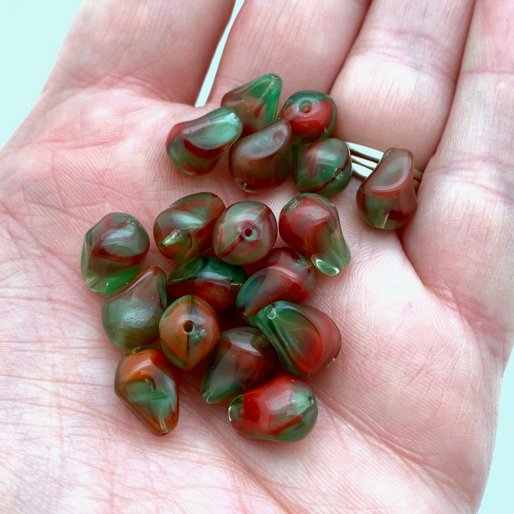 Vintage Red & Green Twisted Teardrop West German Beads (8x12mm) (GGG14)