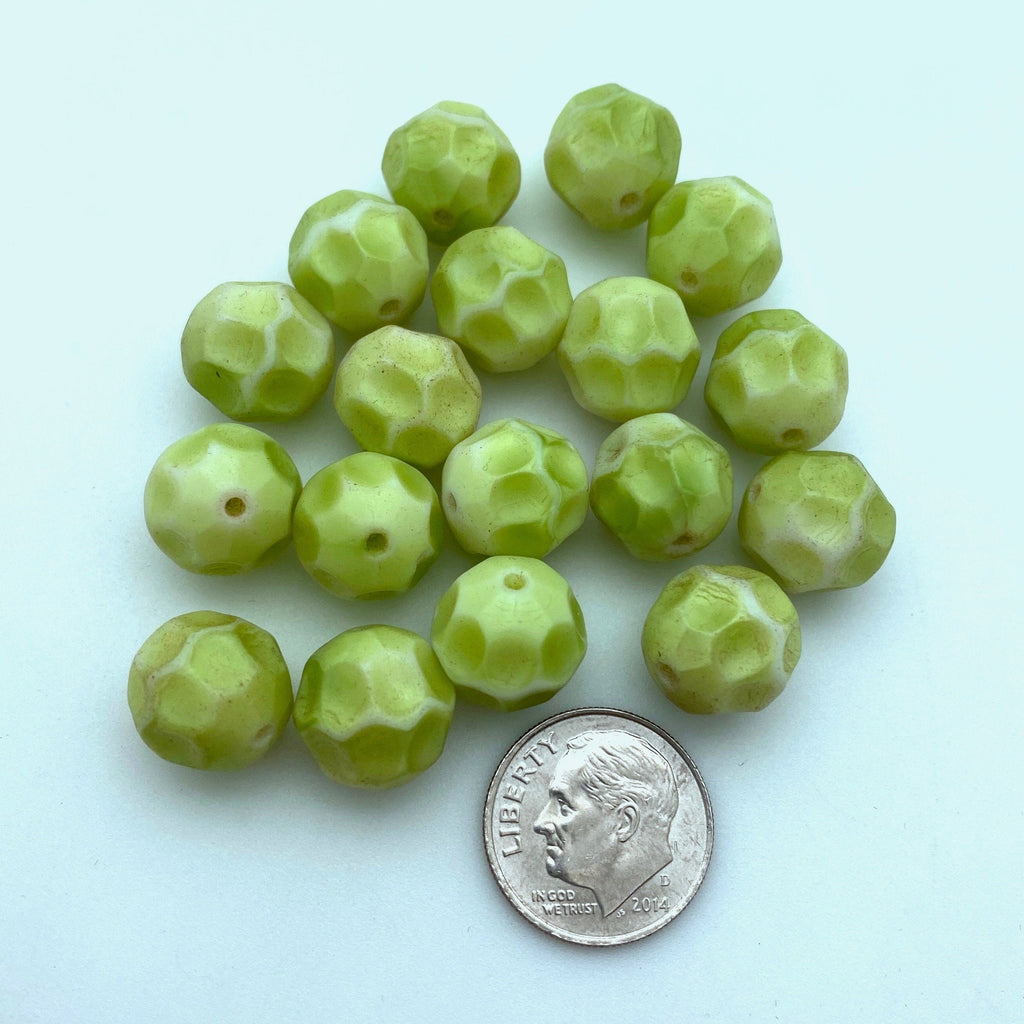 Vintage Lime Green & White Round Scalloped West German Beads (12mm) (GGG20)