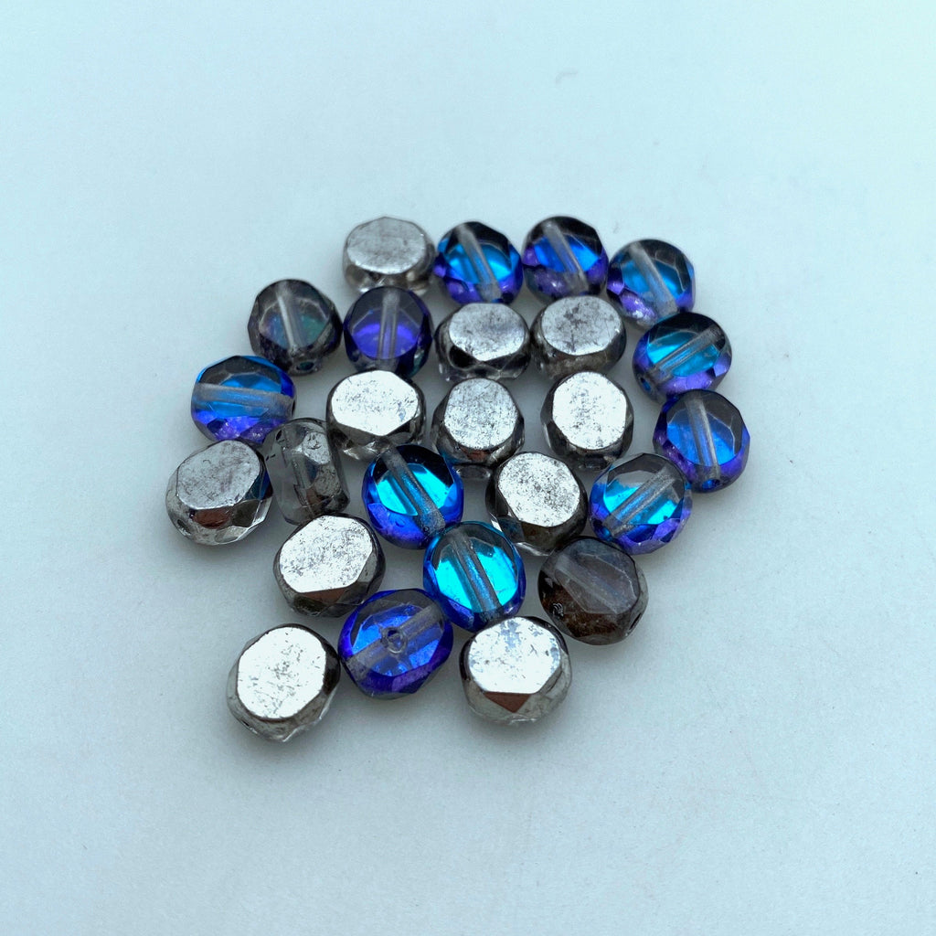 Faceted Electric Silver, Blue & Purple Czech Glass Beads (7x8mm) (BCG31)