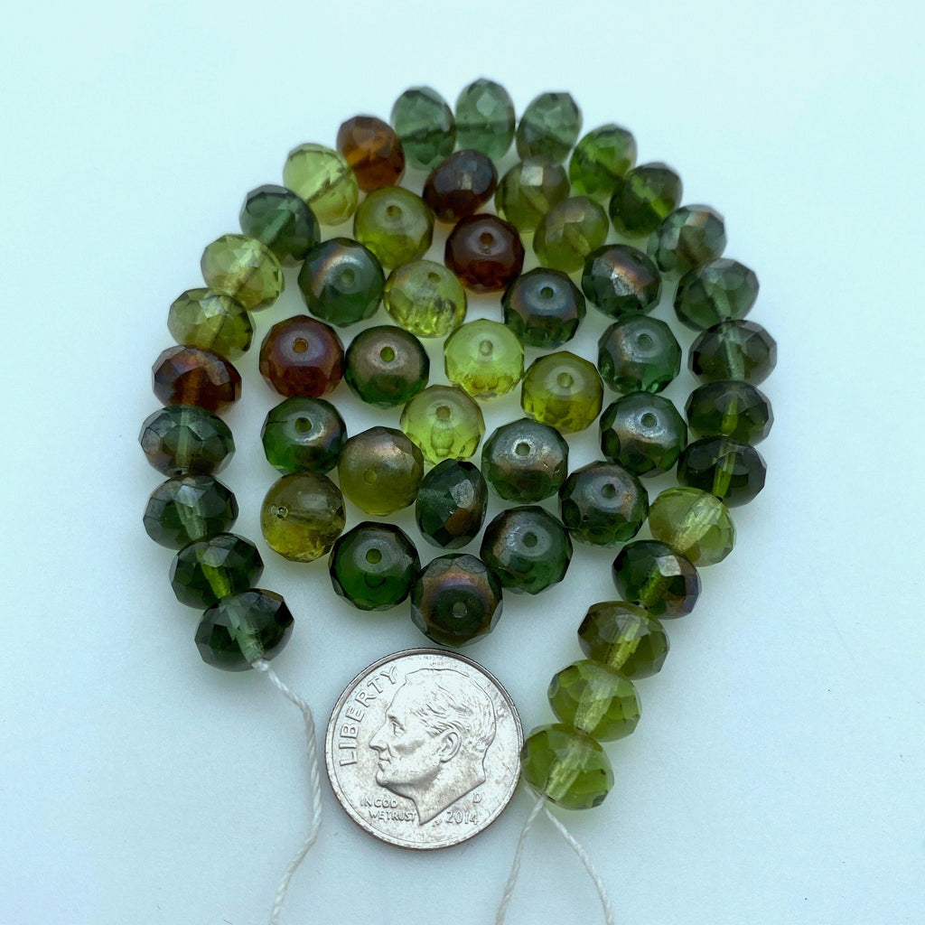 Iridescent Fall Green & Brown Rondelle Czech Glass Beads (6x8mm) (GCG67)