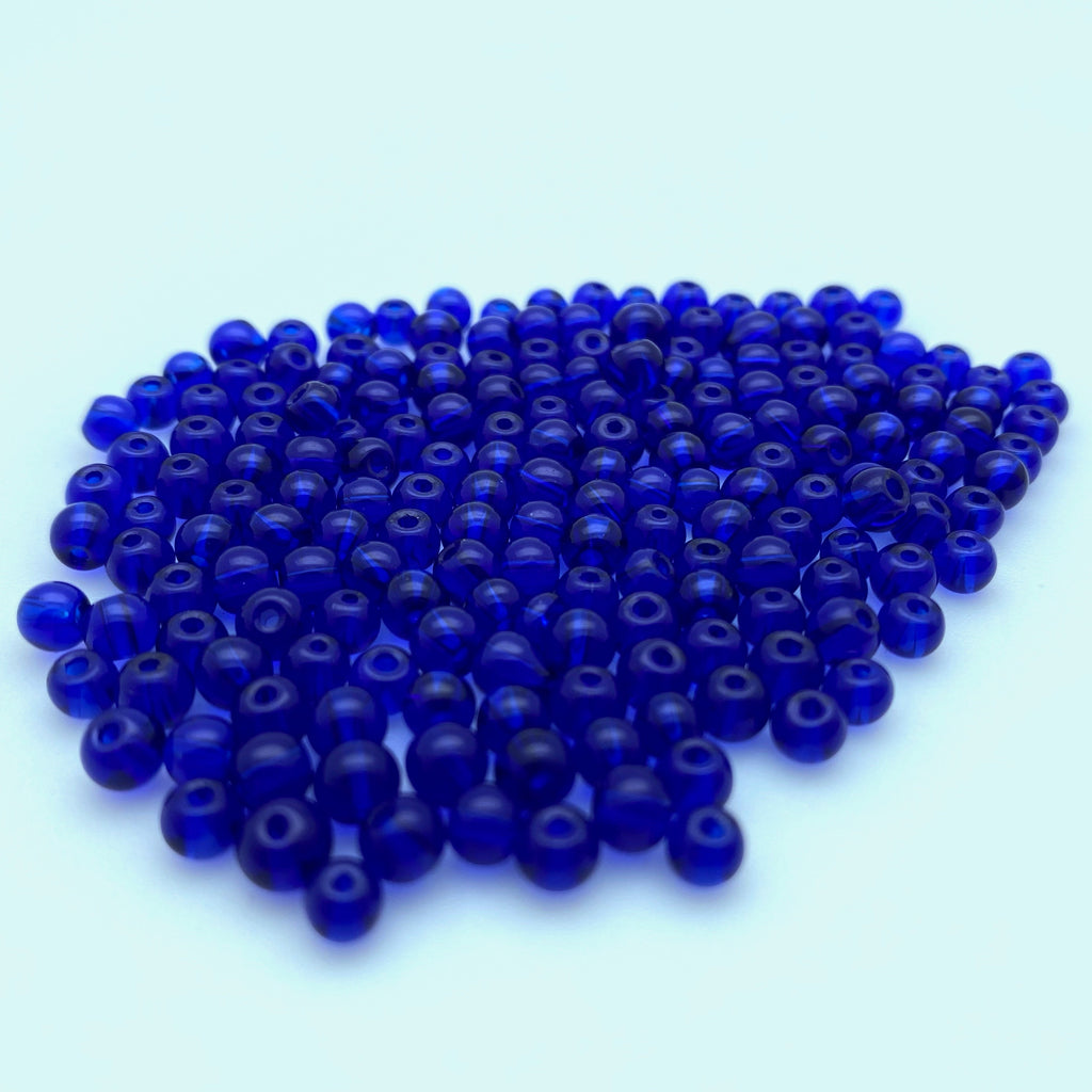Vintage Cobalt Blue Transparent Round Czech Glass Beads (4mm) (BCG112)