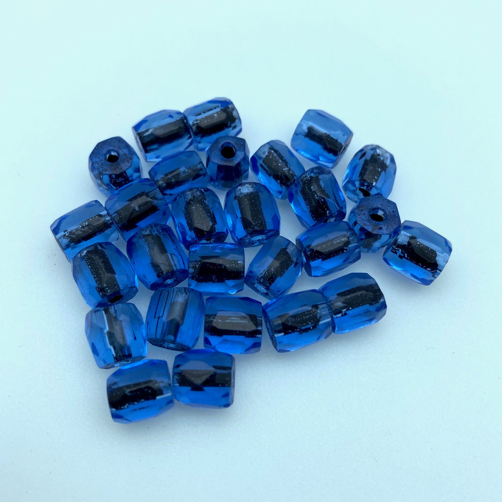 Vintage Yale Blue & Black Czech Glass Barrel Beads (7mm) (BCG116)