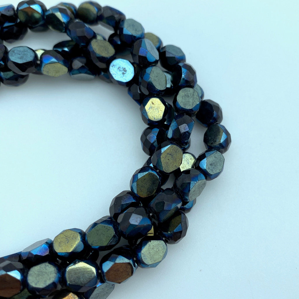 Faceted Fire Polished Air Force Blue Czech Glass Beads (7x8mm) (BCG122)