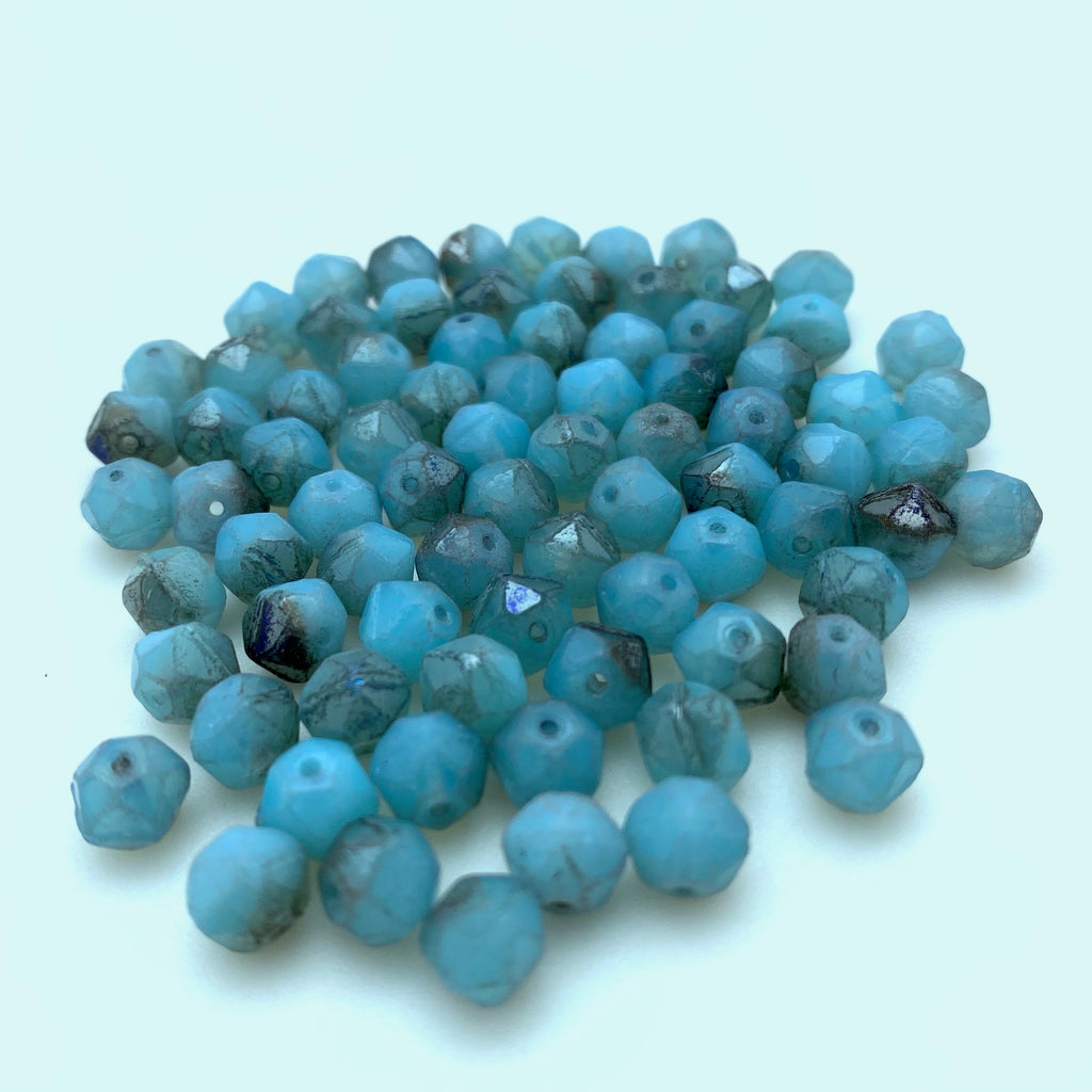 Faceted Turkish Blue & Gray Czech Glass Beads (5x6mm) (BCG129)