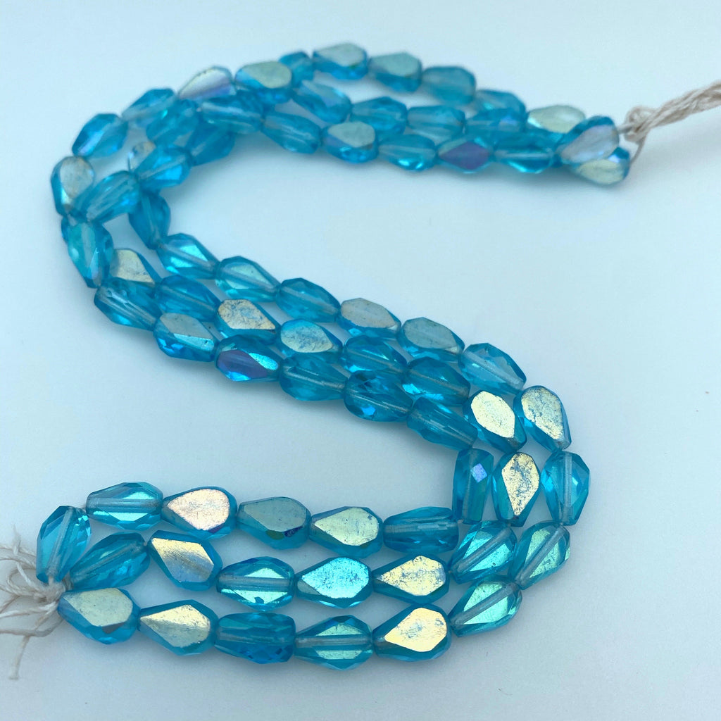 Faceted Fire Polished Arctic Blue Teardrop Czech Glass Beads (7x11mm) (BCG140)
