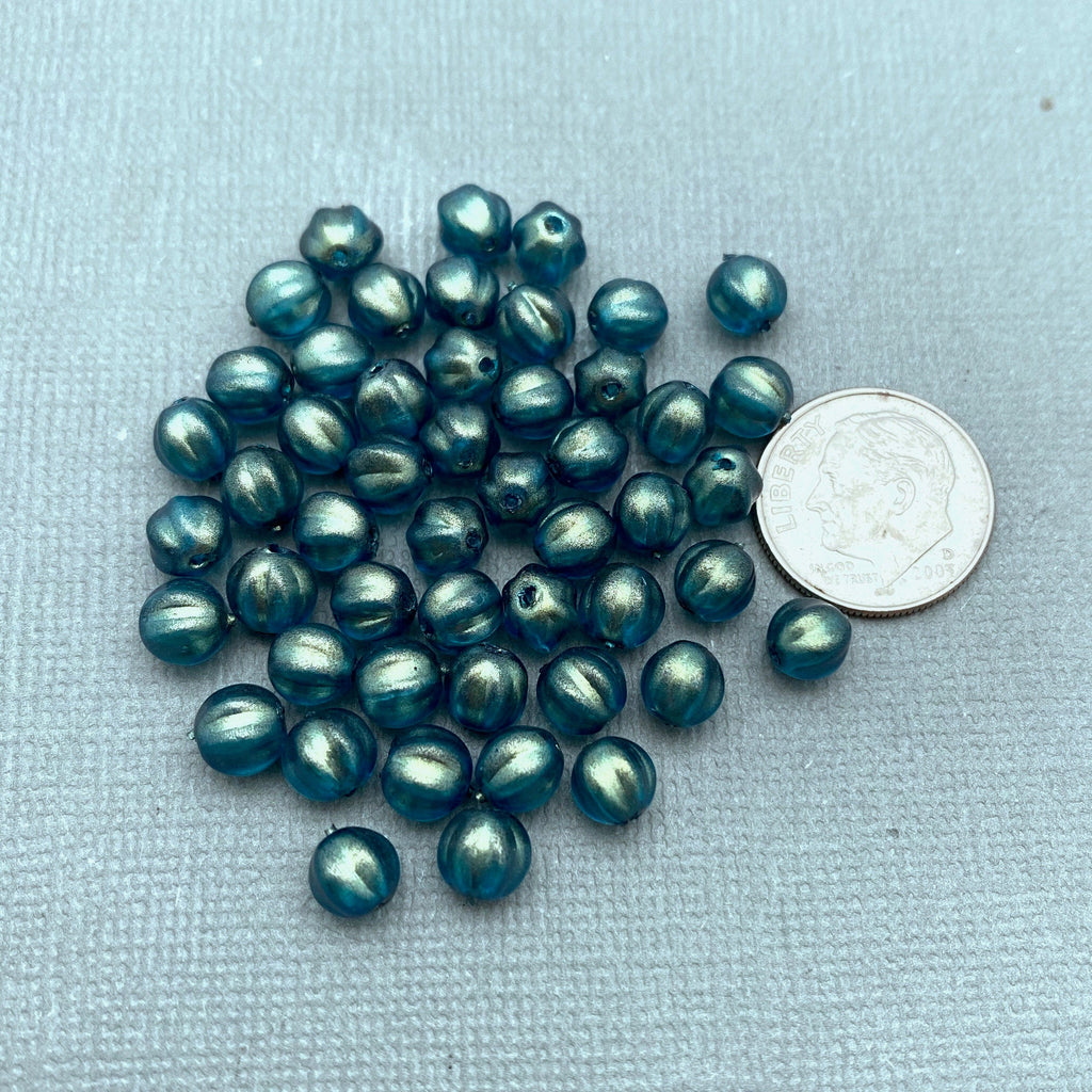 Vintage Teal Blue W/ Hints Of Green Czech Glass Melon Beads (6mm) (BCG142)