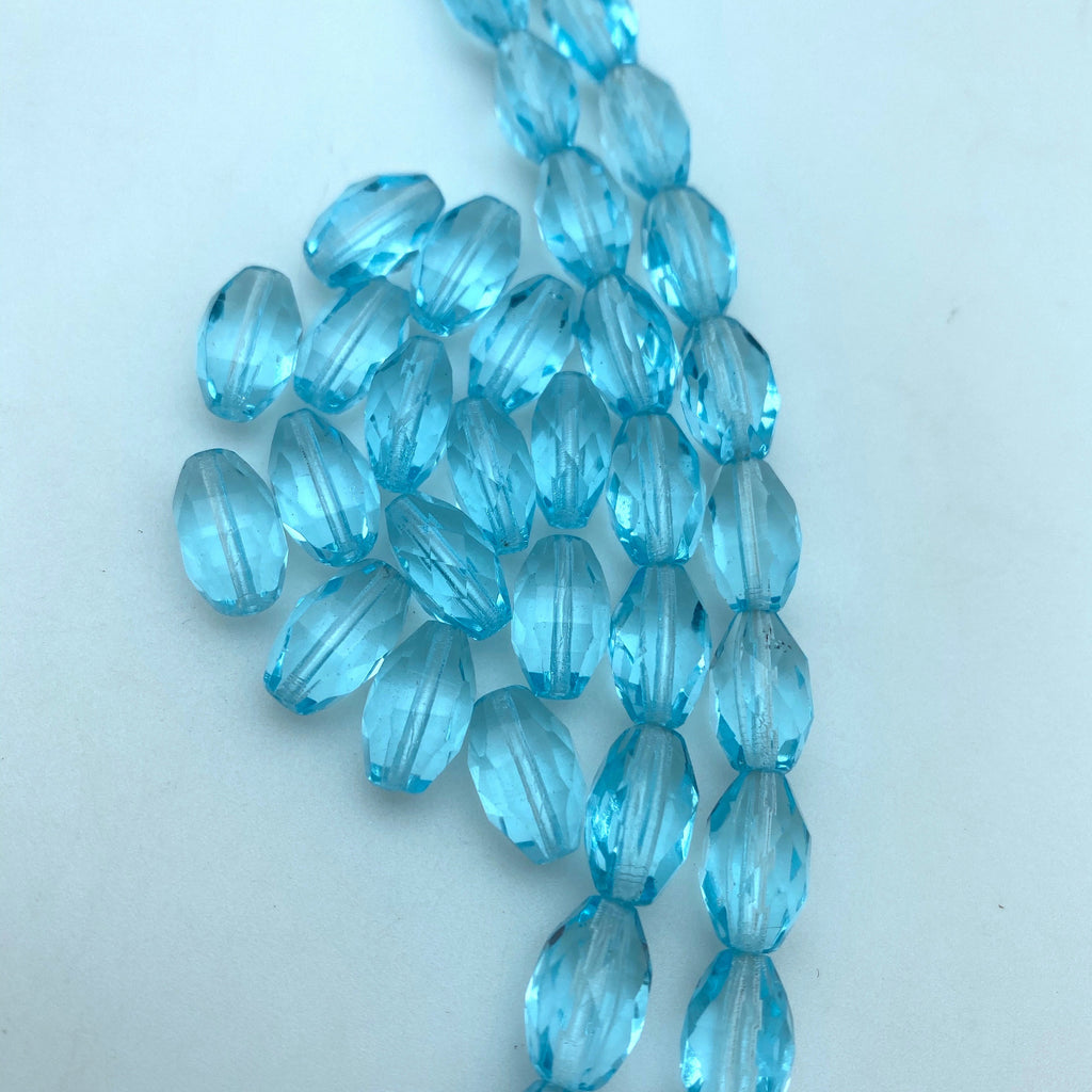 Faceted Arctic Blue Elongated Oval Czech Glass Beads (7x12mm) (BCG145)