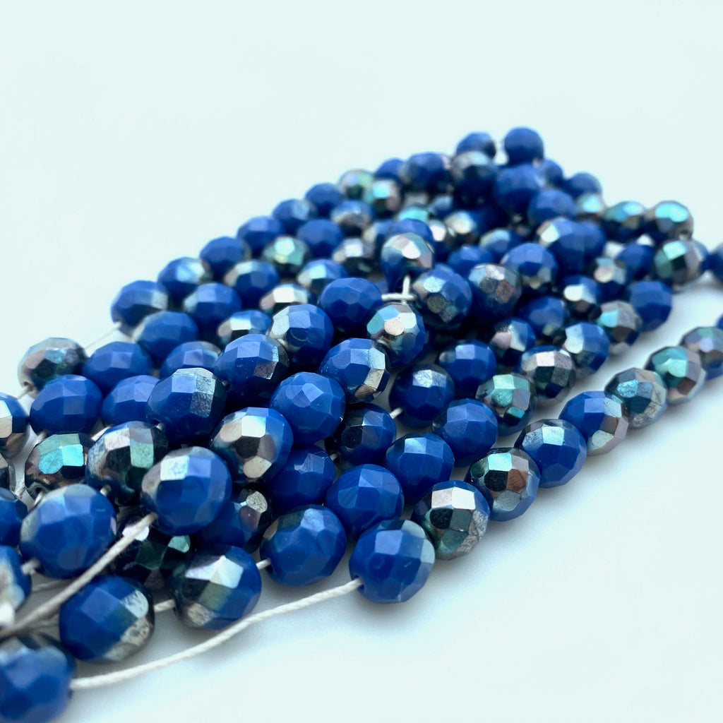 Faceted Fire Polished Prussian Blue & Silver Czech Glass Beads (8mm) (BCG156)