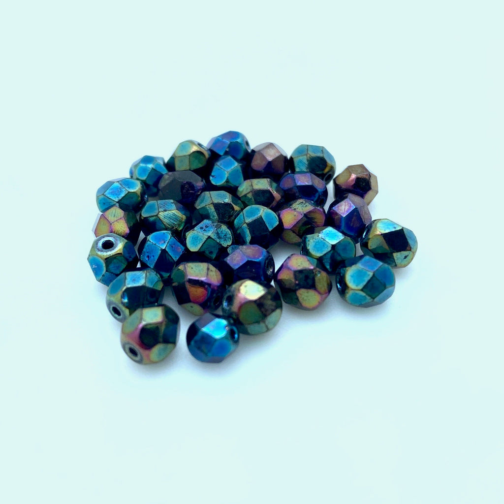 Faceted Fire Polished Peacock Colored Czech Glass Beads (5x6mm) (BCG158)