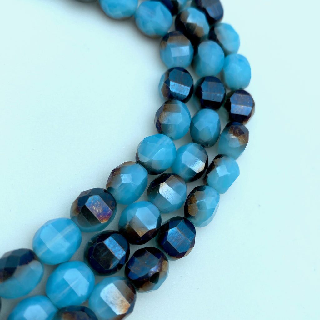 Faceted Fire Polished Sky & Midnight Blue Oval Czech Glass Beads (8mm) (BCG168)