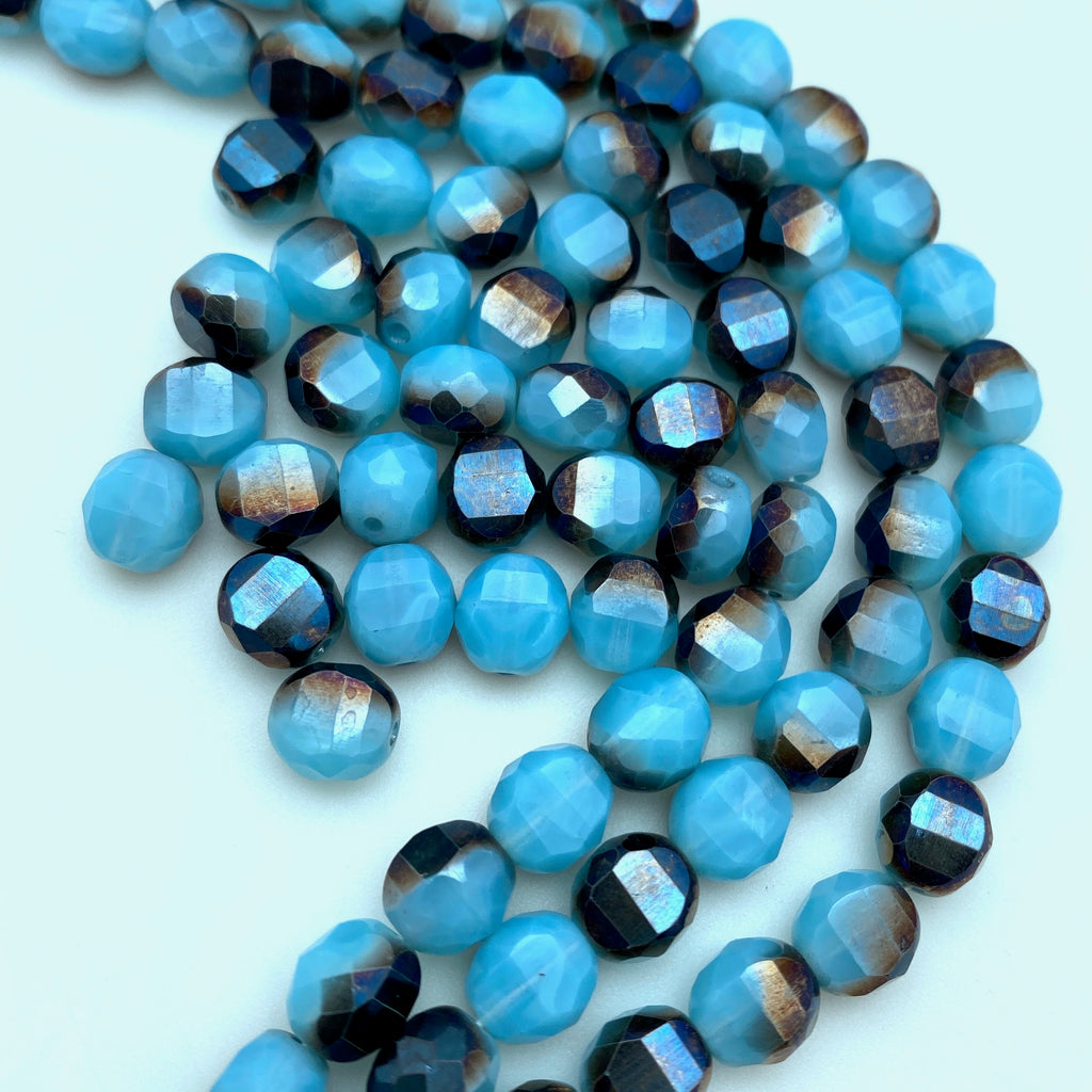 Faceted Fire Polished Sky & Midnight Blue Oval Czech Glass Beads (8mm) (BCG168)