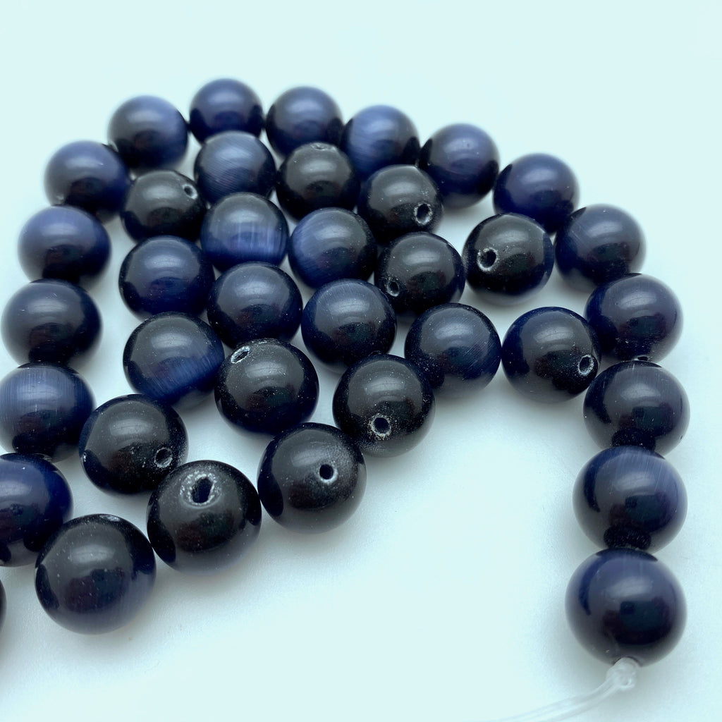 Smooth Oxford Blue & Black Round Cat Eye Czech Glass Beads (12mm) (BCG171)