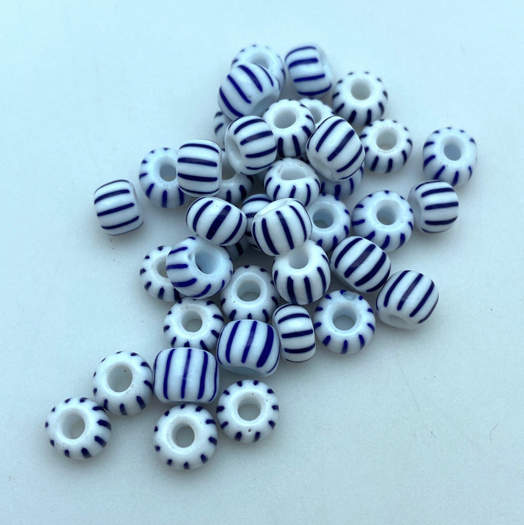 Vintage Large Hole Navy Blue & White Striped Czech Glass Beads (5x7mm) (BCG181)