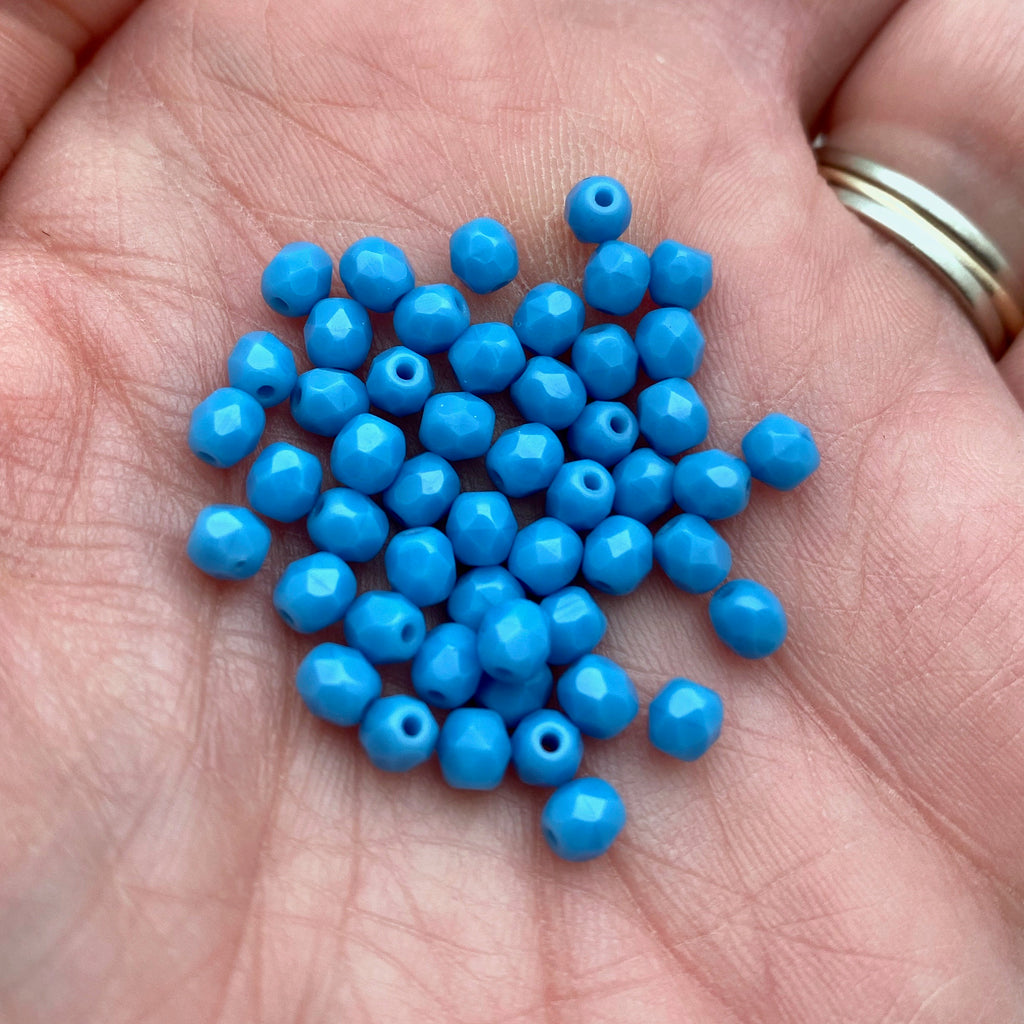 Vintage Cerulean Blue Faceted Oval Czech Glass Beads (4mm) (BCG184)