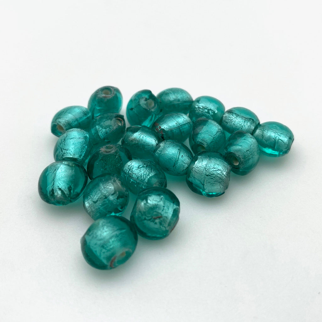 Vintage Turquoise Blue Round Japanese Foil Glass Beads (8x9mm) (BJG24)