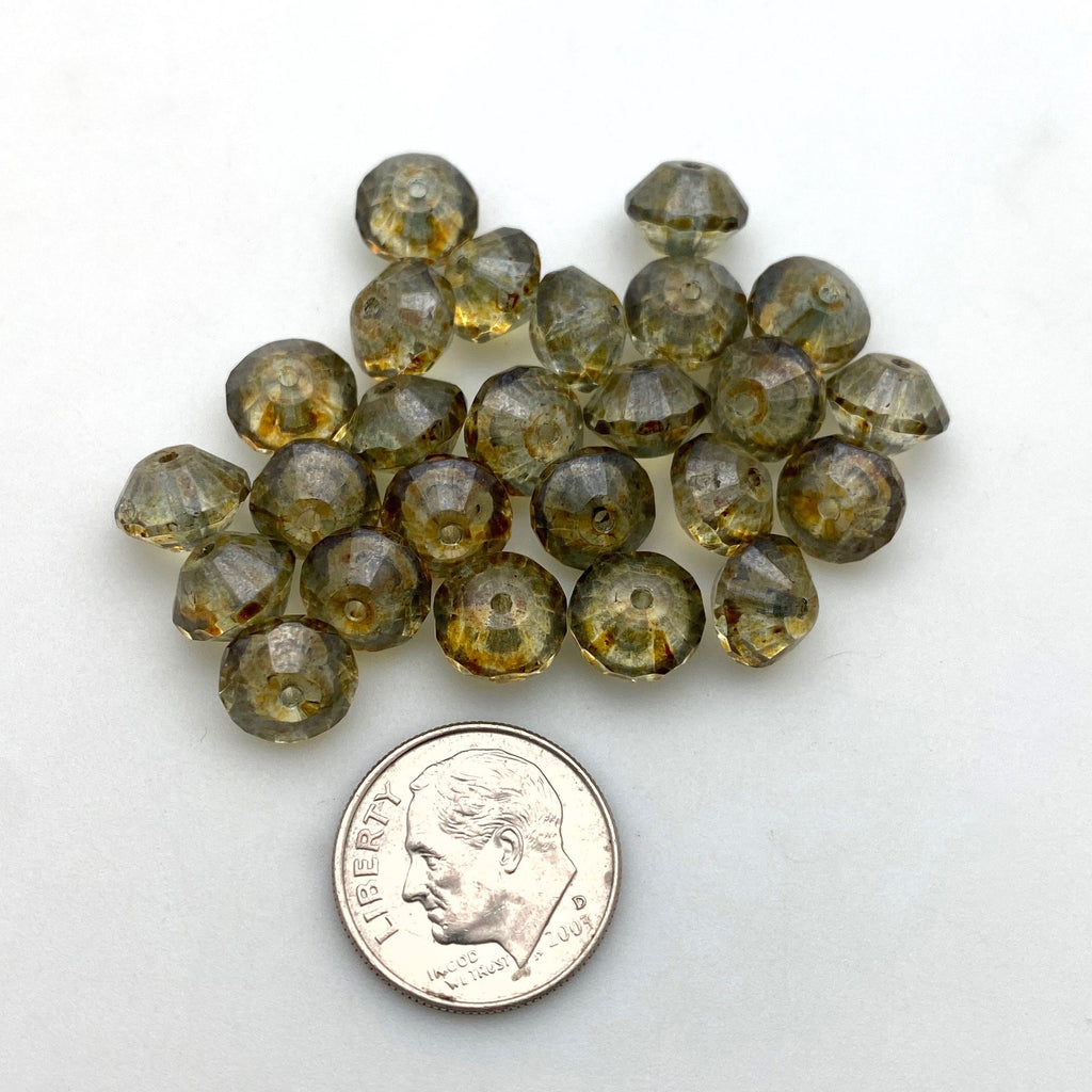Vintage Picasso Green & Brown Faceted Bicone Czech Glass Beads (6x8mm) (GCG102)