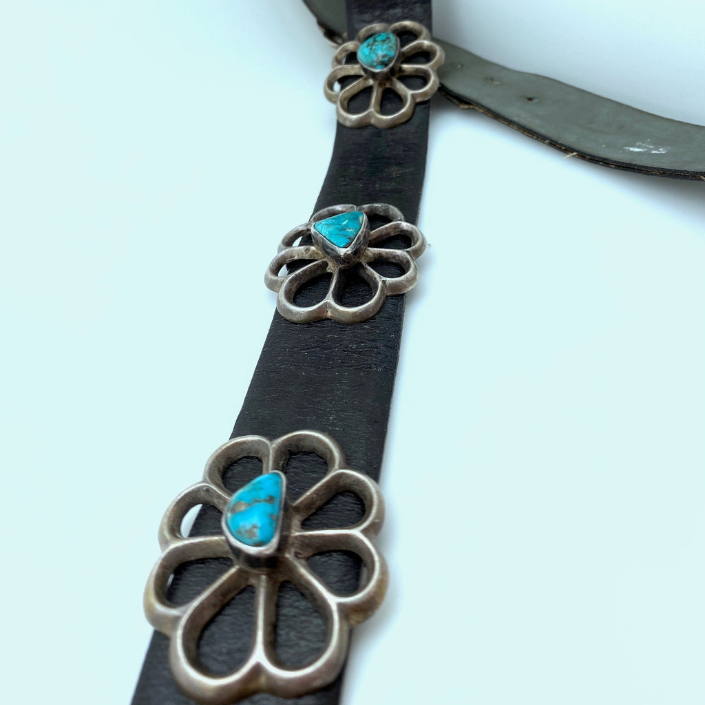 Vintage Sterling Silver & Turquoise Handmade Sandcast Concho Black Leather Belt (39 Inches) (SJ15)