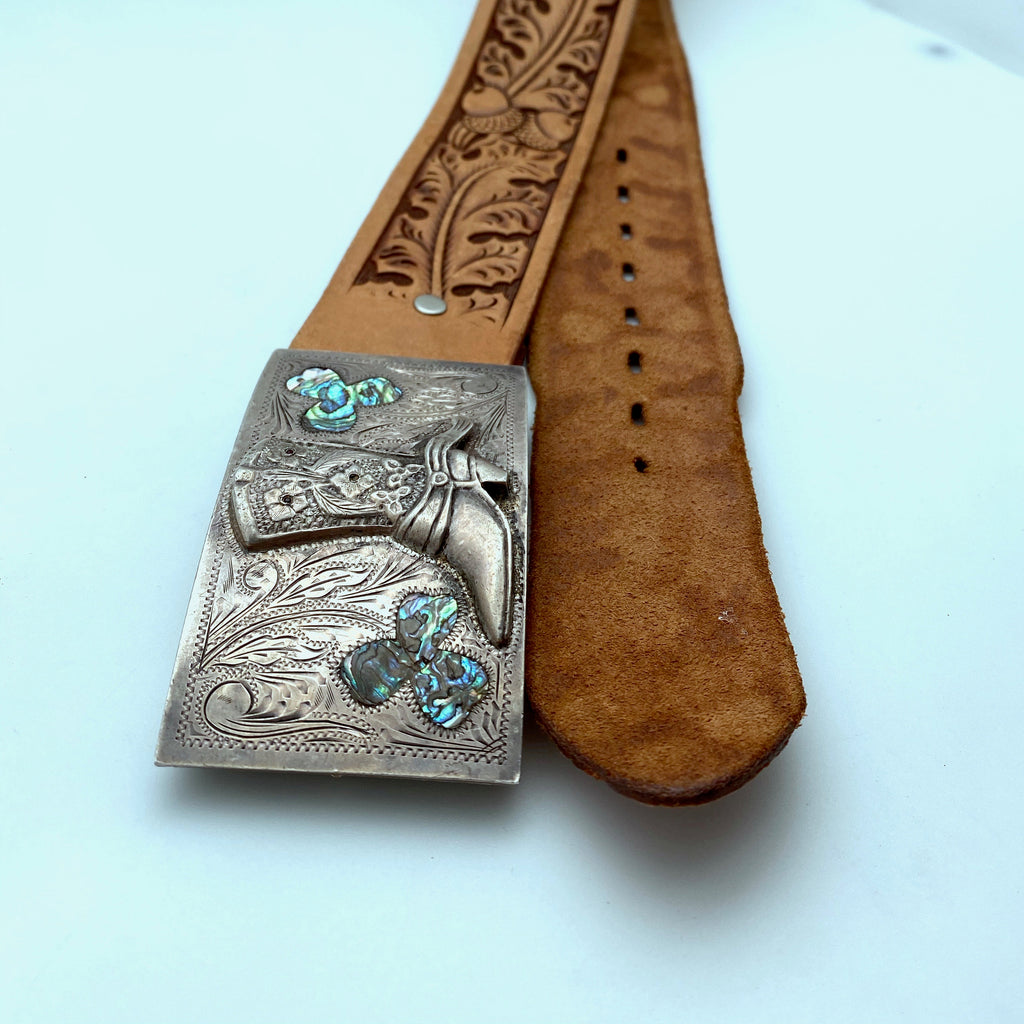 Vintage Mexican Sterling Abalone Buckle & Hand Tooled Leather Belt (40 Inches) (SJ17)