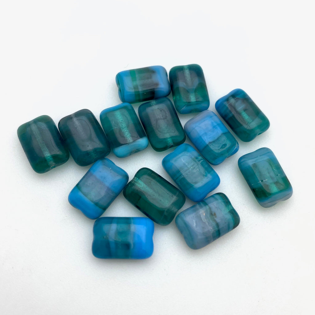 Smooth Blue & Green Rectangle Czech Glass Pillow Beads (8x12mm) (BCG41)