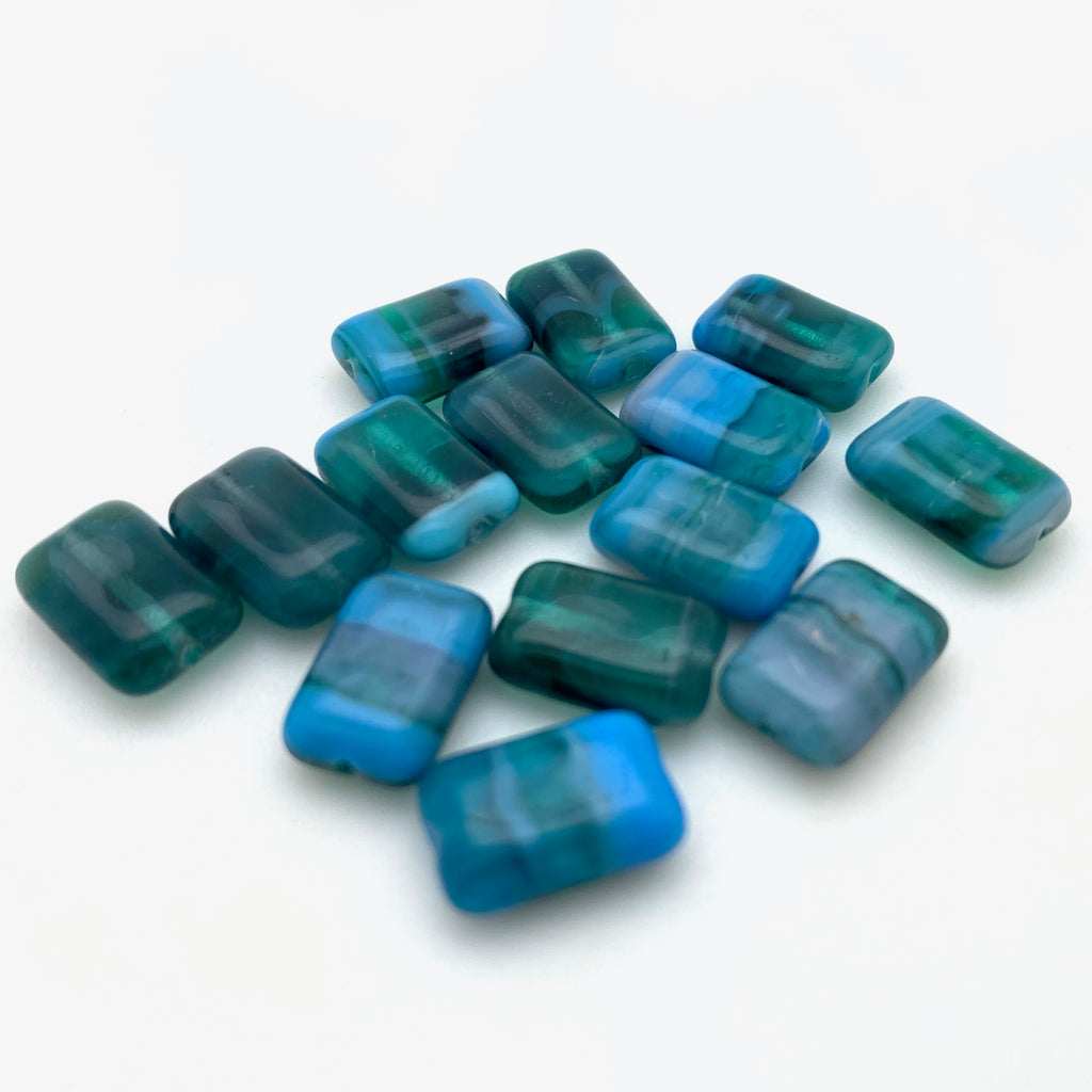 Smooth Blue & Green Rectangle Czech Glass Pillow Beads (8x12mm) (BCG41)