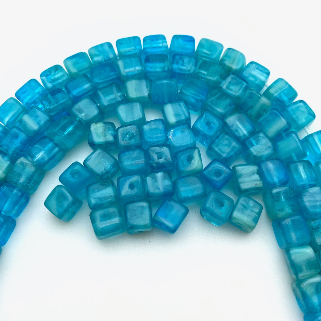 Teal Blue Square Czech Glass Cube Beads (6x7mm) (BCG46)