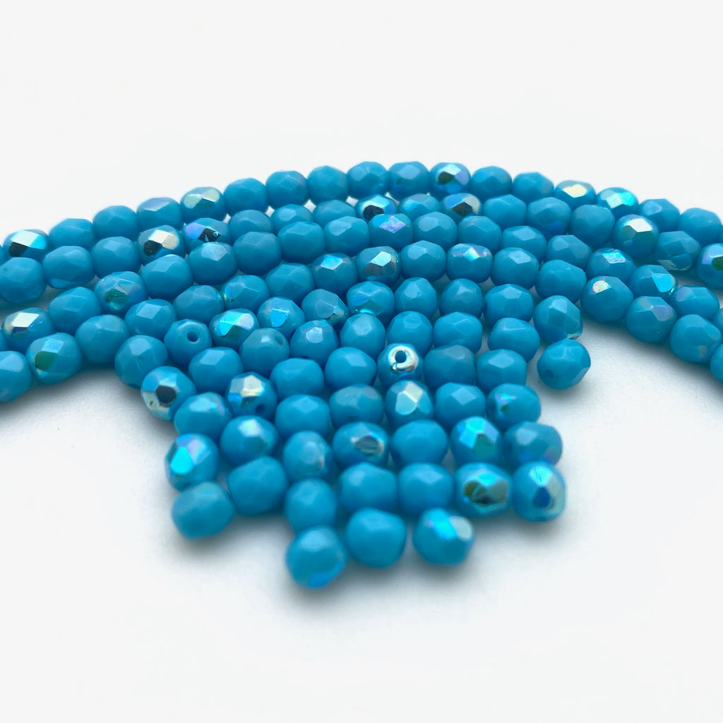 Faceted Olympic Blue AB Finish Czech Glass Spacer Beads (4mm) (BCG47)