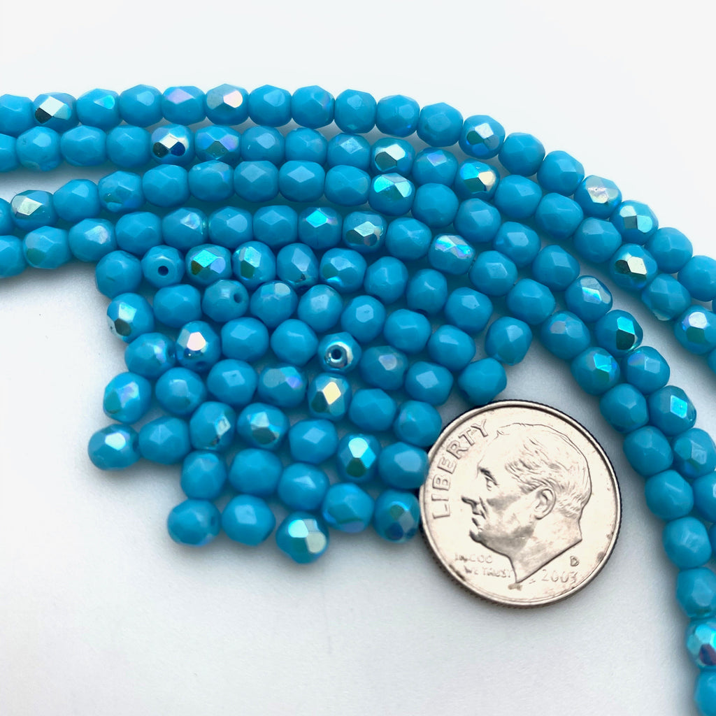 Faceted Olympic Blue AB Finish Czech Glass Spacer Beads (4mm) (BCG47)