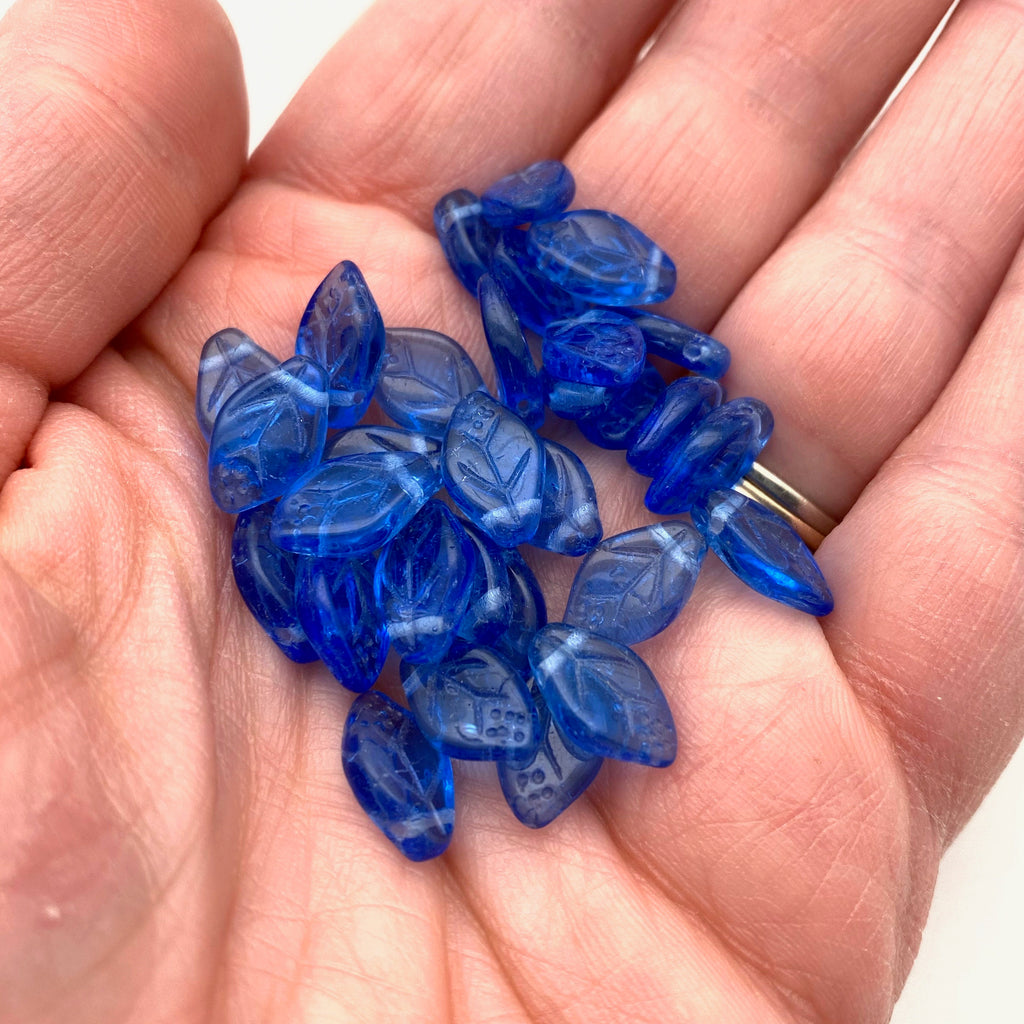 Vintage Yale Blue Top Drilled Fall Leaf Czech Glass Beads (8x12mm) (BCG75)