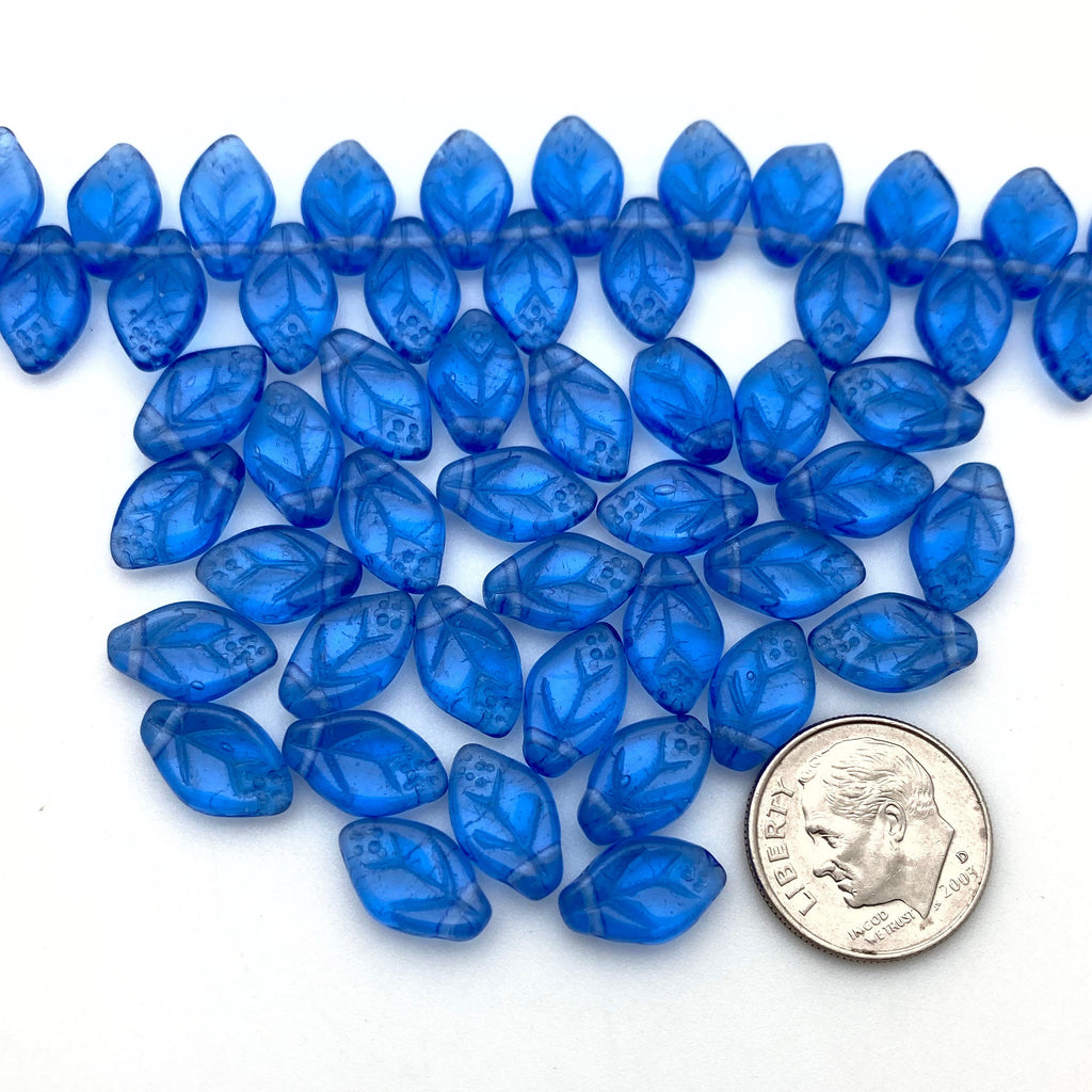 Vintage Yale Blue Top Drilled Fall Leaf Czech Glass Beads (8x12mm) (BCG75)