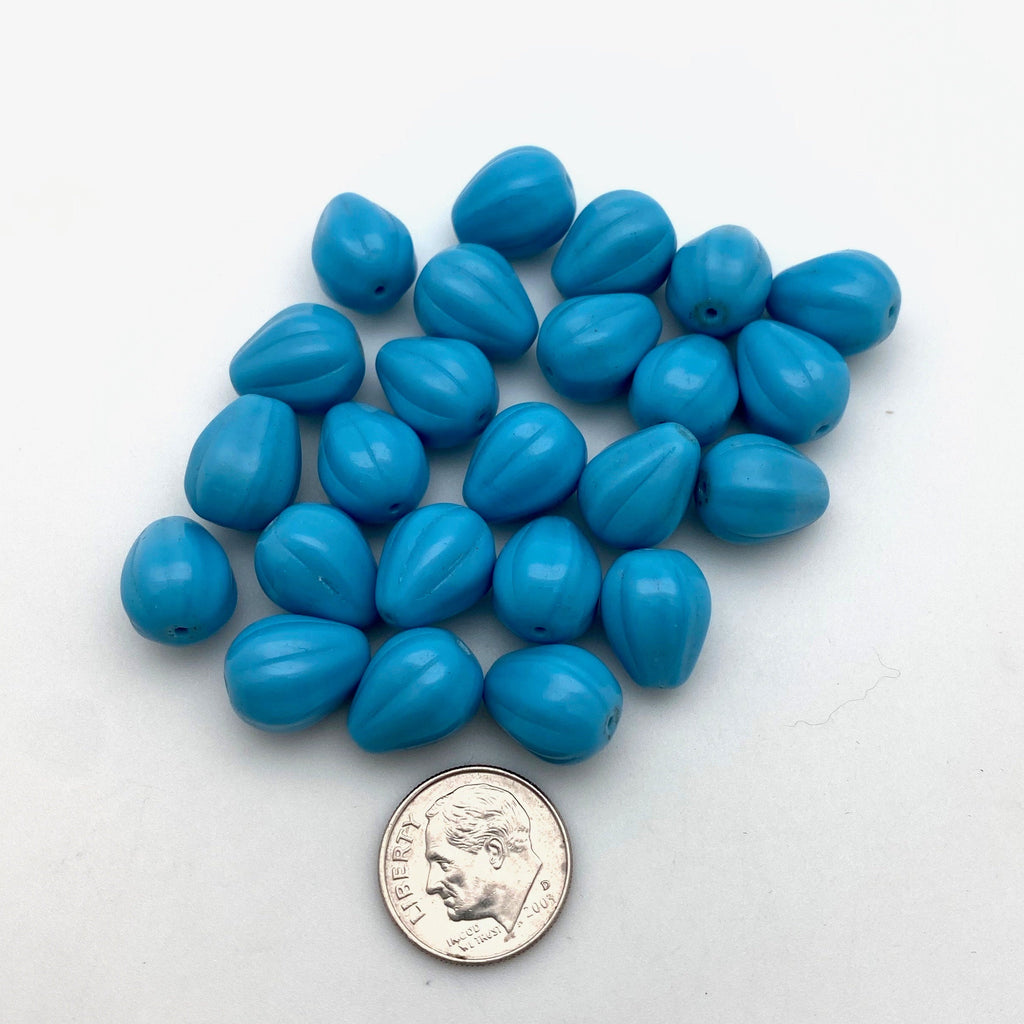 Vintage Opaque Olympic Blue Teardrop Czech Glass Melon Beads (10x13mm) (BCG77)