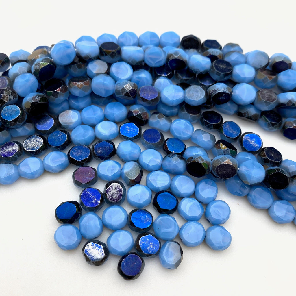 Faceted Fire Polished Blue Oval Table Cut Czech Glass Beads (8mm) (BCG83)