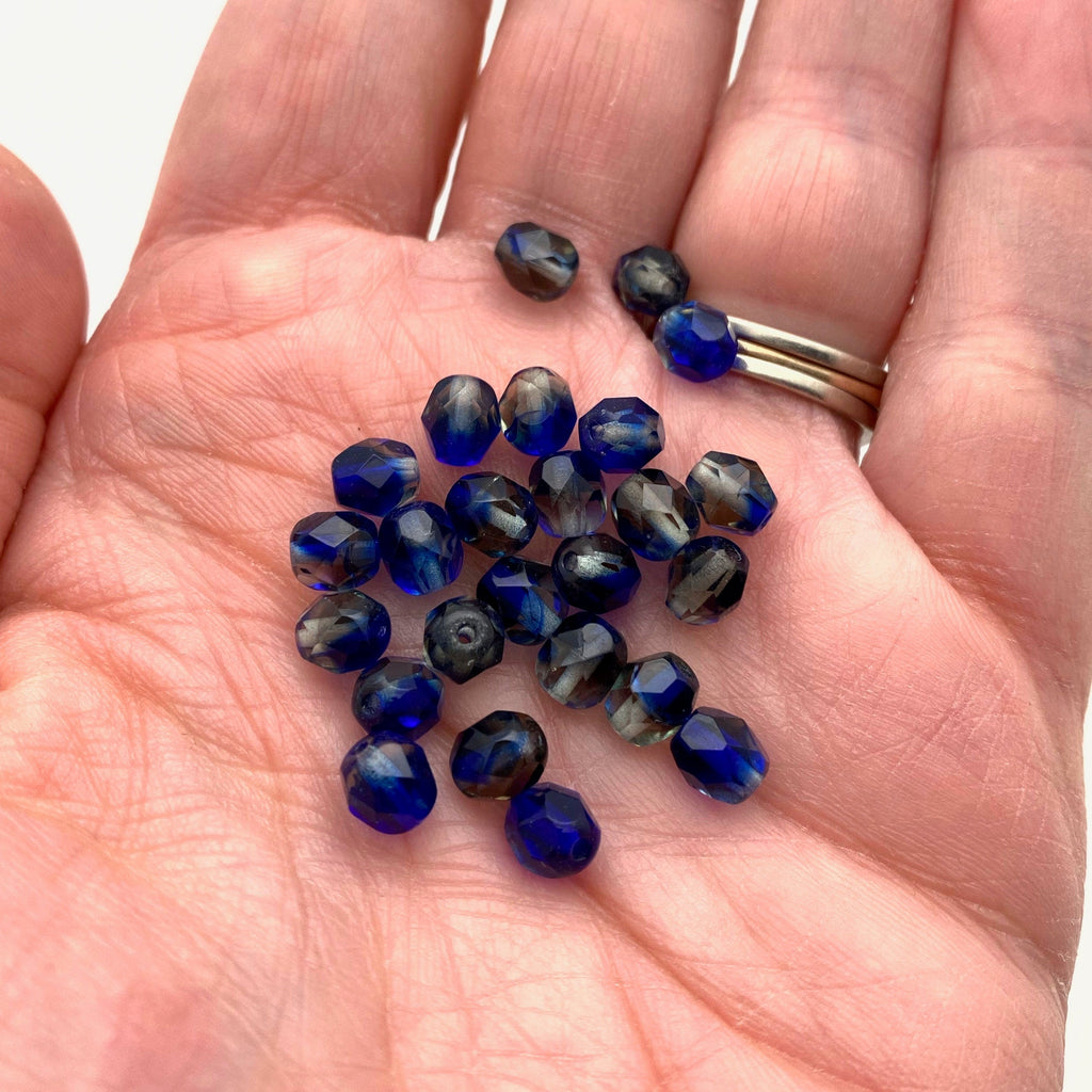 Faceted Royal Blue, Clear & Brown Czech Glass Beads (5x6mm) (BCG78)