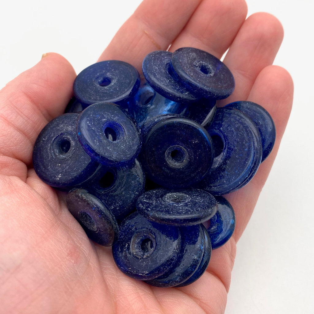 Vintage Blue Large Holed Mixed Sized India Disc Glass Beads (BIG3)