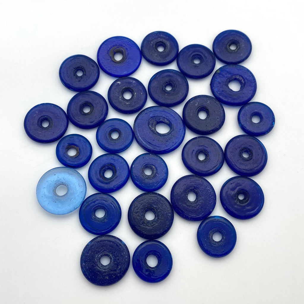 Vintage Blue Large Holed Mixed Sized India Disc Glass Beads (BIG3)