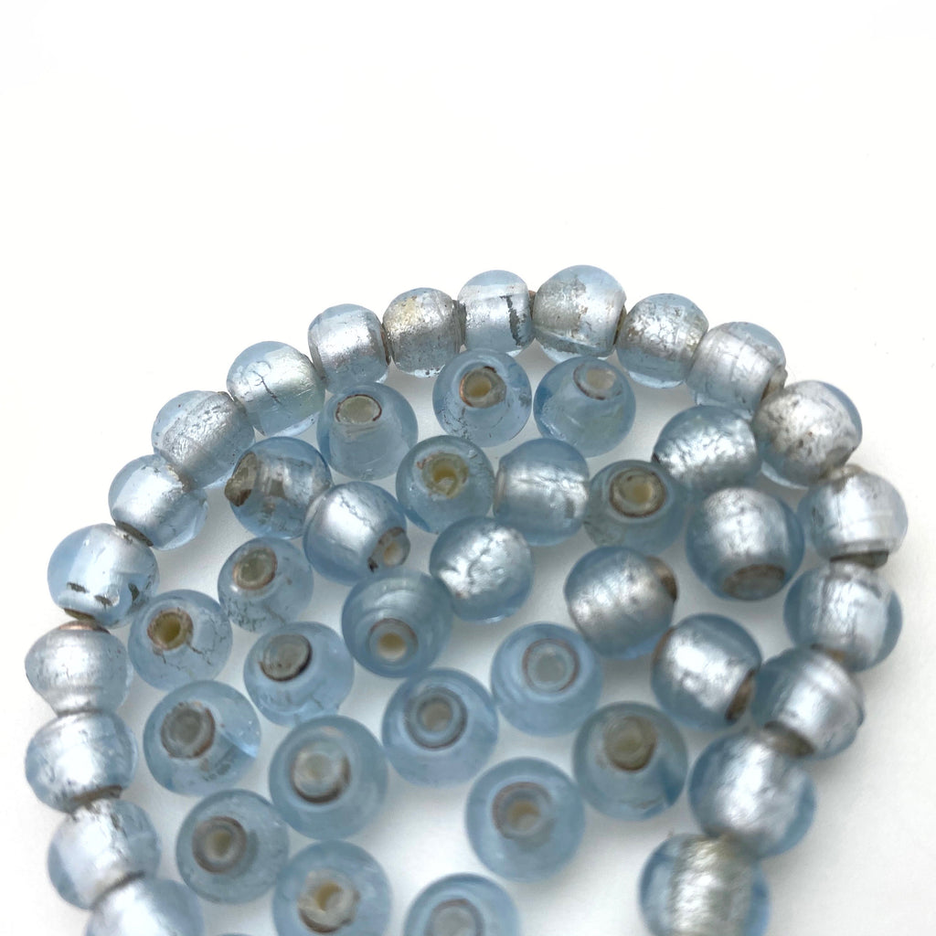 Vintage Light Blue Round Japanese Foil Glass Beads (6x7mm) (BJG16)