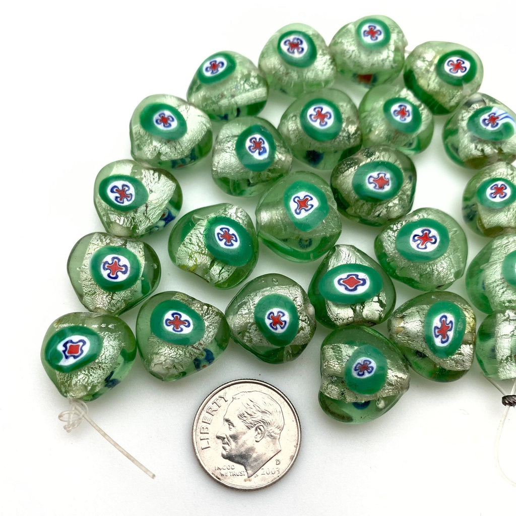 Vintage Japanese Sea Green Foil Glass Heart Beads (15x16mm) (GJG7)