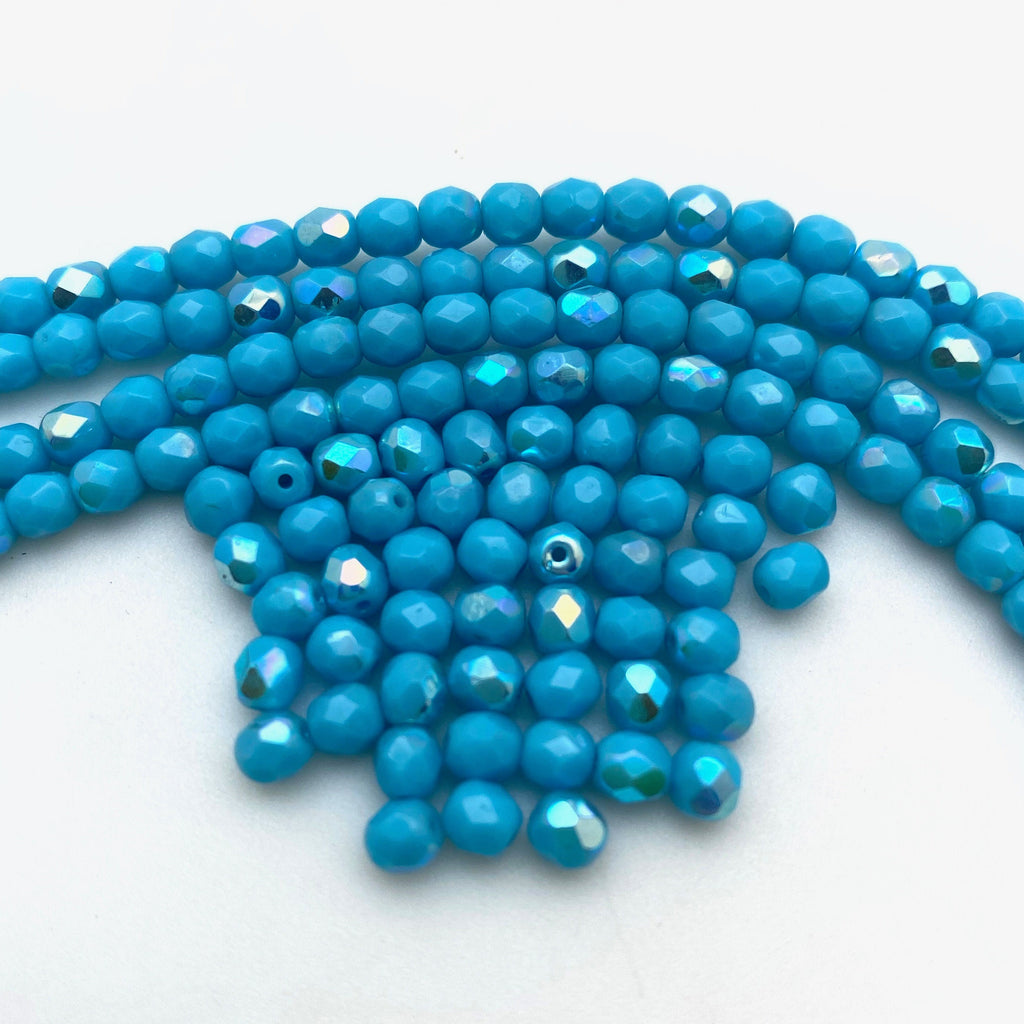 Faceted Olympic Blue AB Finish Czech Glass Spacer Beads (4mm) (BCG47)