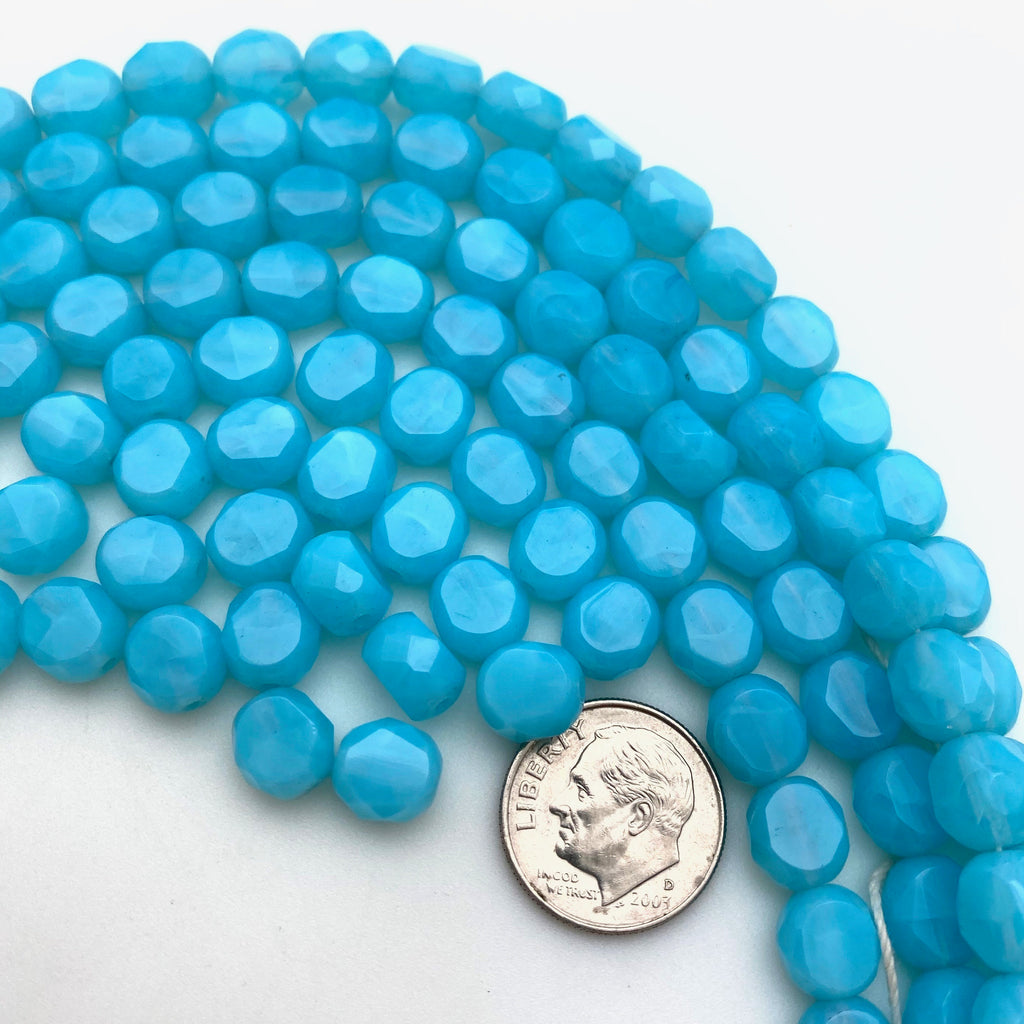 Faceted Milky Sapphire Blue Oval Table Cut Czech Glass Beads (8mm) (BCG52)