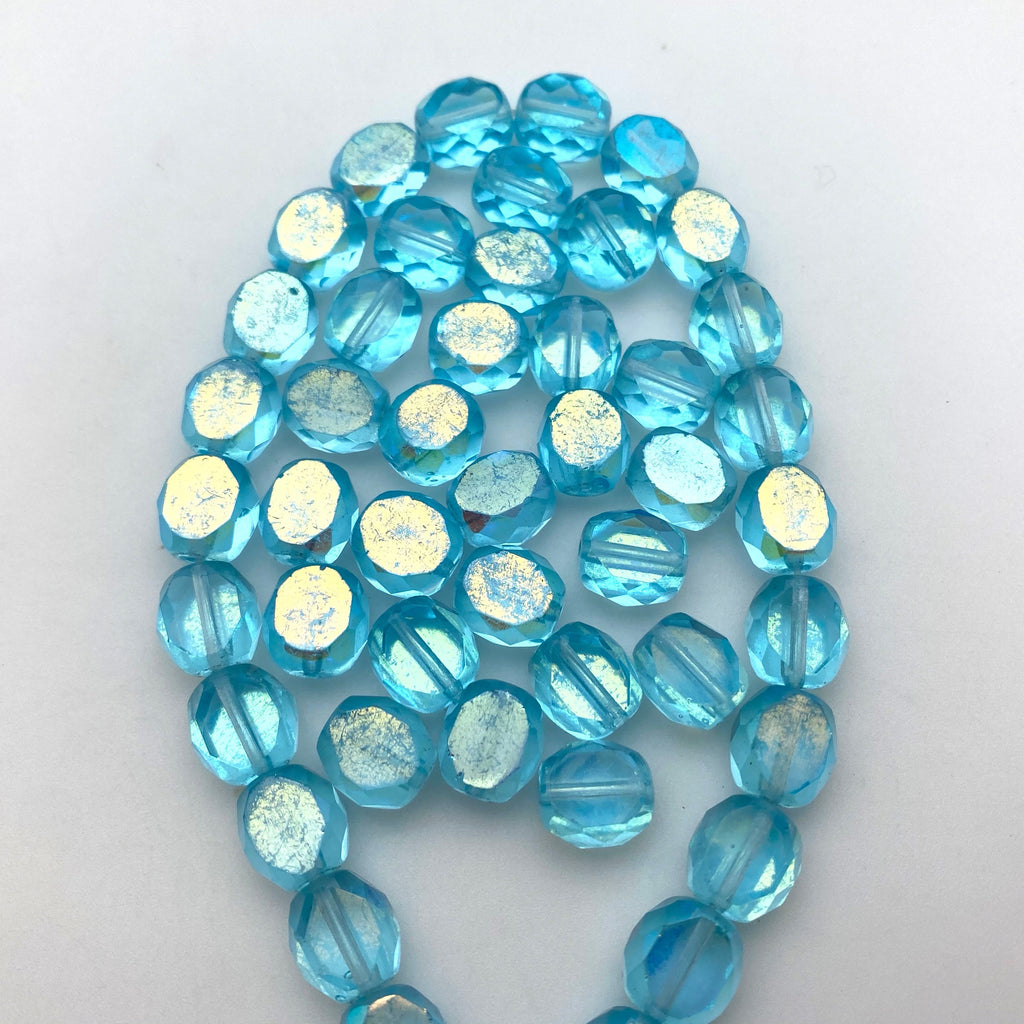 Faceted Arctic Blue AB Finish Oval Table Cut Czech Glass Beads (9x10mm) (BCG53)