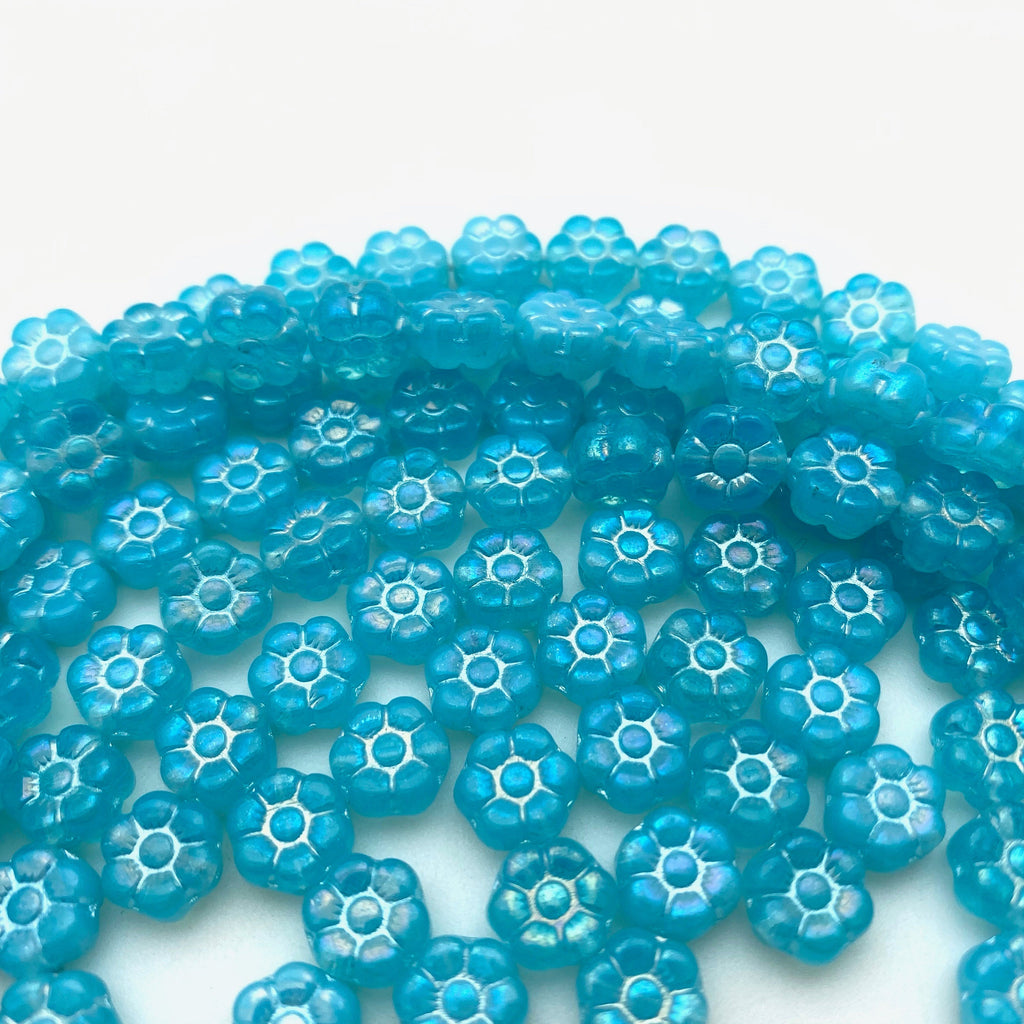 Vibrant Blue Flowered Czech Glass Beads (8mm) (BCG55)